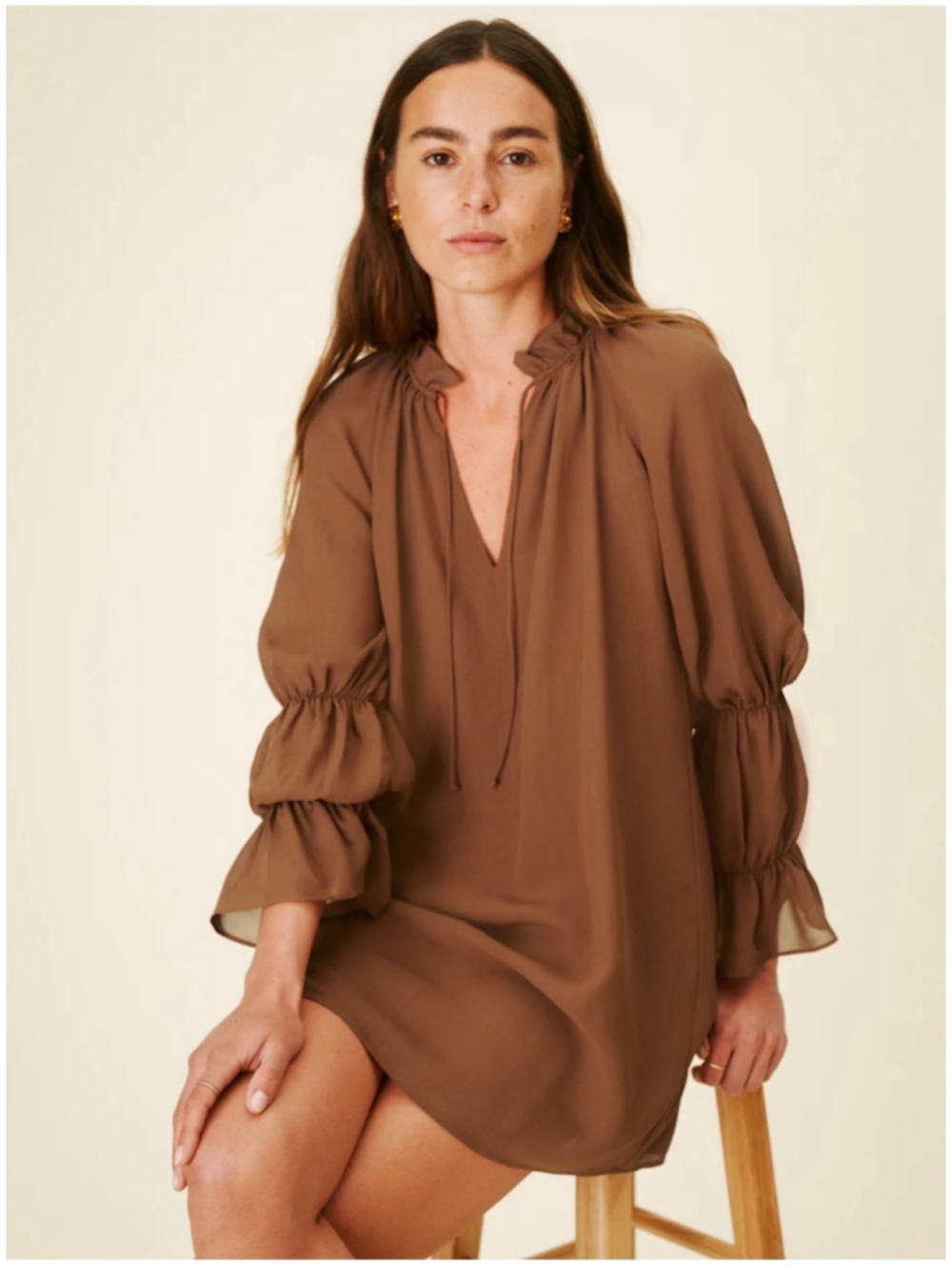 Reformation Adrienne Mini Dress Cinnamon XS NWT Ruffled Neck Tie Front